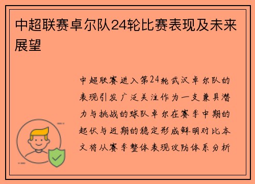 中超联赛卓尔队24轮比赛表现及未来展望
