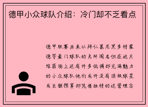 德甲小众球队介绍：冷门却不乏看点