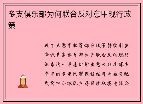 多支俱乐部为何联合反对意甲现行政策